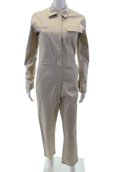 Rivet Utility Womens Cotton Collared Long Sleeve Zip Up Jumpsuit Beige Size S