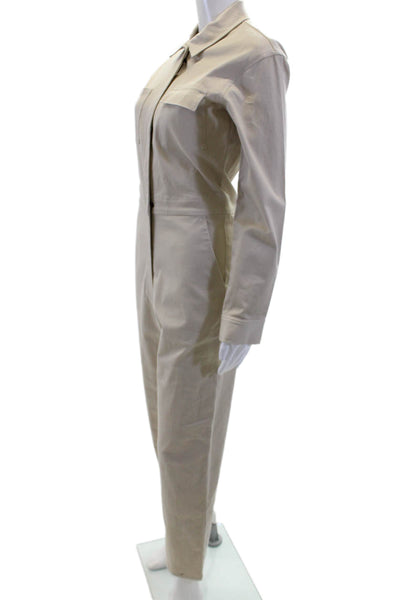 Rivet Utility Womens Cotton Collared Long Sleeve Zip Up Jumpsuit Beige Size S
