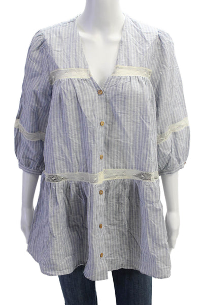 Zara Womens Cotton Linen V Neck Lace Trim Striped Blouse Blue Size M