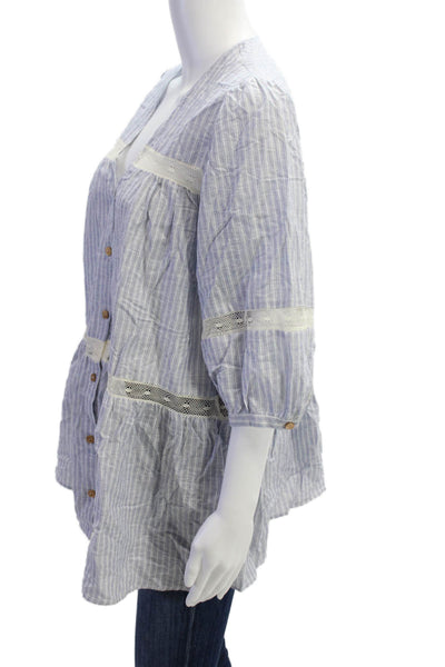 Zara Womens Cotton Linen V Neck Lace Trim Striped Blouse Blue Size M