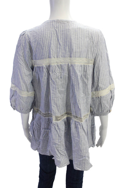 Zara Womens Cotton Linen V Neck Lace Trim Striped Blouse Blue Size M
