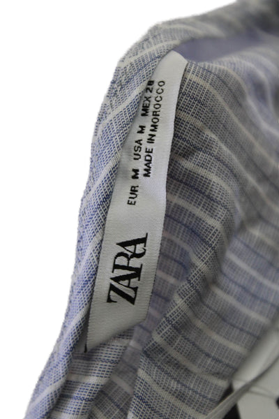 Zara Womens Cotton Linen V Neck Lace Trim Striped Blouse Blue Size M