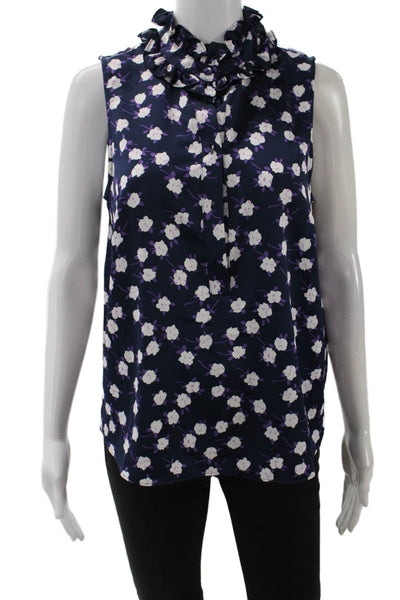 J Crew Womens Floral Ruffle Henley Sleeveless Blouse Top Navy Blue Size S