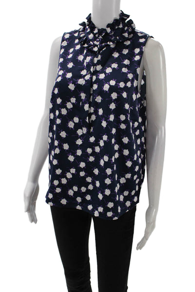 J Crew Womens Floral Ruffle Henley Sleeveless Blouse Top Navy Blue Size S