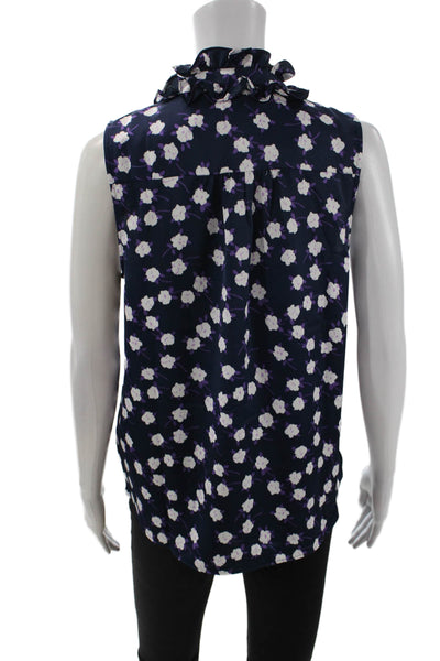 J Crew Womens Floral Ruffle Henley Sleeveless Blouse Top Navy Blue Size S