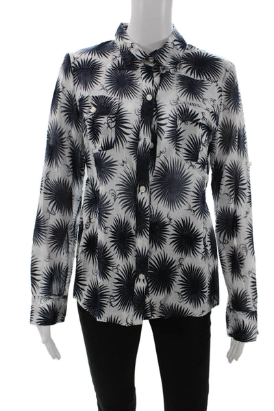 Milly Of New York Womens Cotton Floral Button Down Shirt Navy White Size 6