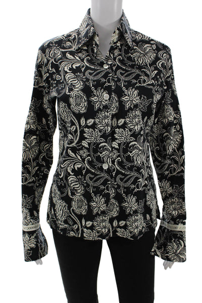 Liz Logie Womens Cotton Floral Collar Long Sleeve Button Down Shirt Black Size 6