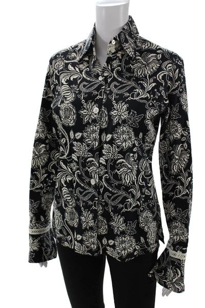 Liz Logie Womens Cotton Floral Collar Long Sleeve Button Down Shirt Black Size 6