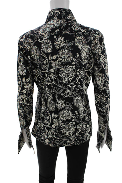 Liz Logie Womens Cotton Floral Collar Long Sleeve Button Down Shirt Black Size 6