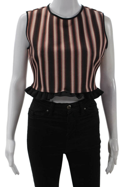 Clover Canyon Womens Ruffle Trim Sleeveless Striped Blouse Brown Size L