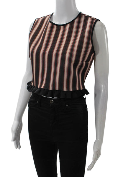 Clover Canyon Womens Ruffle Trim Sleeveless Striped Blouse Brown Size L