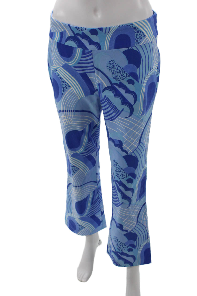 J. Mclaughlin Womens Abstract Print Elastic Waist Straight Leg Pants Blue Size 8