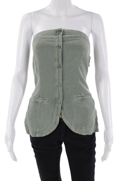 YFB Womens Linen Blend Benji Strapless Smocked Back Button Up Top Green Size XS