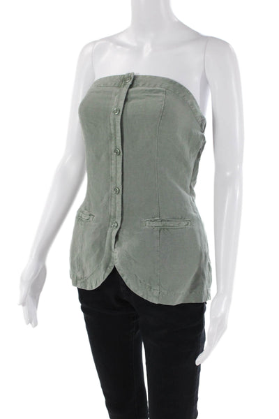 YFB Womens Linen Blend Benji Strapless Smocked Back Button Up Top Green Size XS