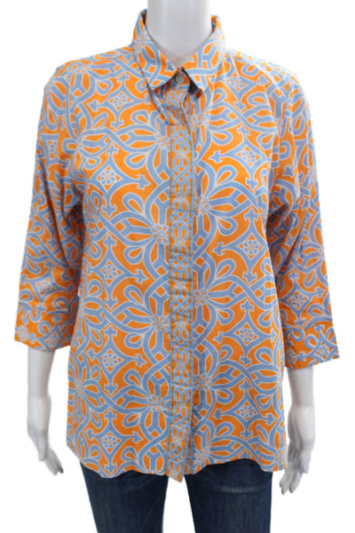 Gretchen Scott Womens Printed Button Down Shirt Orange Blue Size Small