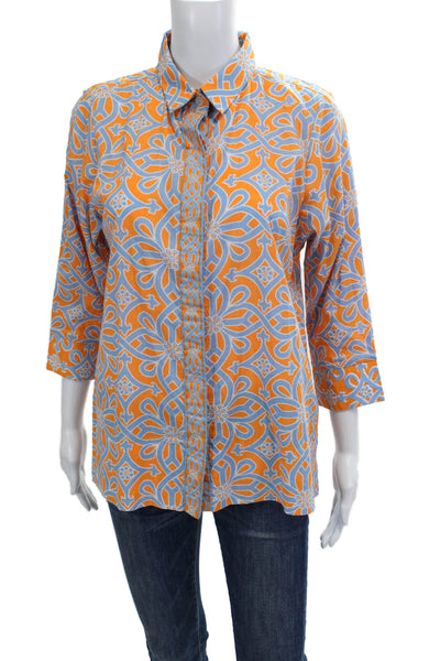 Gretchen Scott Womens Printed Button Down Shirt Orange Blue Size Small
