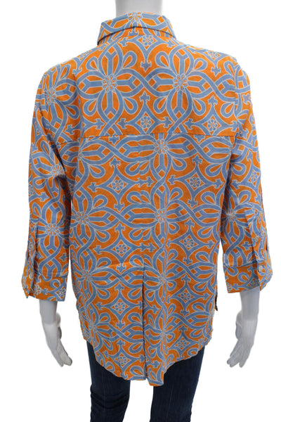 Gretchen Scott Womens Printed Button Down Shirt Orange Blue Size Small
