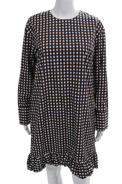 Marimekko Womens Plaid Sun Dress Brown Navy Blue Cotton Size EUR 36