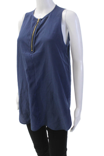 Vince Womens Silk Sleeveless Zippered Detail Tank Top Blouse Blue Size M