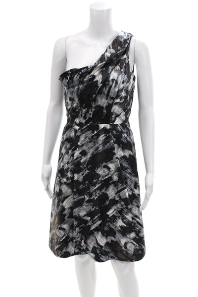 Lela Rose Womens Side Zip One Shoulder Abstract Silk Dress Black Gray Size 4