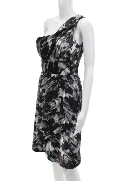 Lela Rose Womens Side Zip One Shoulder Abstract Silk Dress Black Gray Size 4