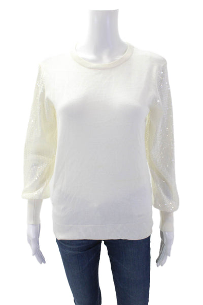 DKNY Womens Long Sleeve Sequence Round Neck Top White Size XS