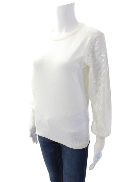 DKNY Womens Long Sleeve Sequence Round Neck Top White Size XS
