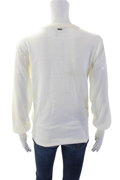DKNY Womens Long Sleeve Sequence Round Neck Top White Size XS