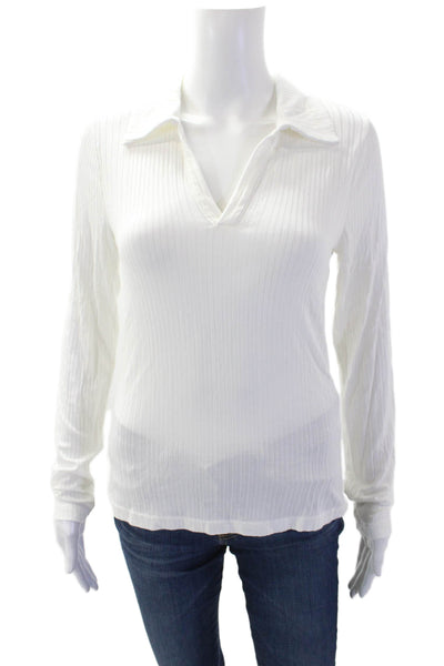 Paris Atelier + Other Stories Womens Ribbed V neck Collared Top White Size S