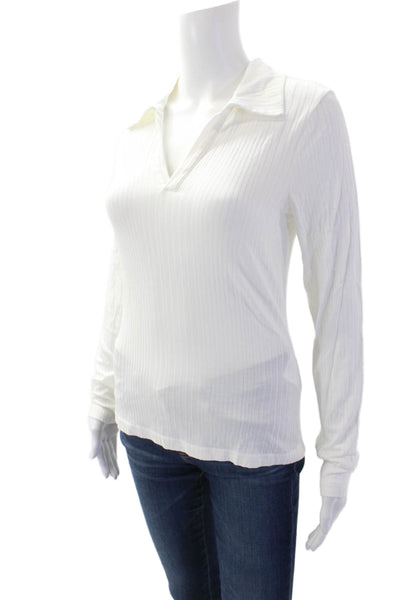 Paris Atelier + Other Stories Womens Ribbed V neck Collared Top White Size S