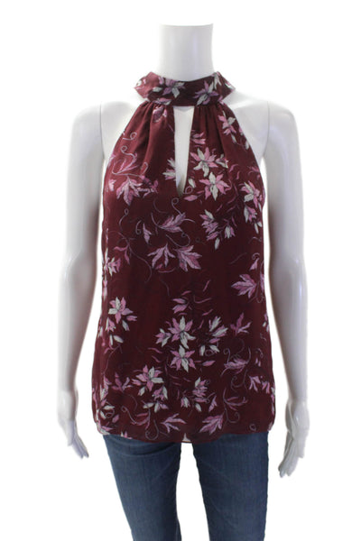Ramy Brook Womens Silk Floral Halter Neck Blouse Burgundy Size XS