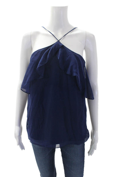 Haute Hippie Womens Silk Ruffle Trim Halter Neck Blouse Navy Size XS