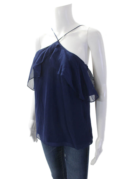 Haute Hippie Womens Silk Ruffle Trim Halter Neck Blouse Navy Size XS