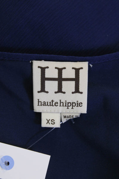 Haute Hippie Womens Silk Ruffle Trim Halter Neck Blouse Navy Size XS