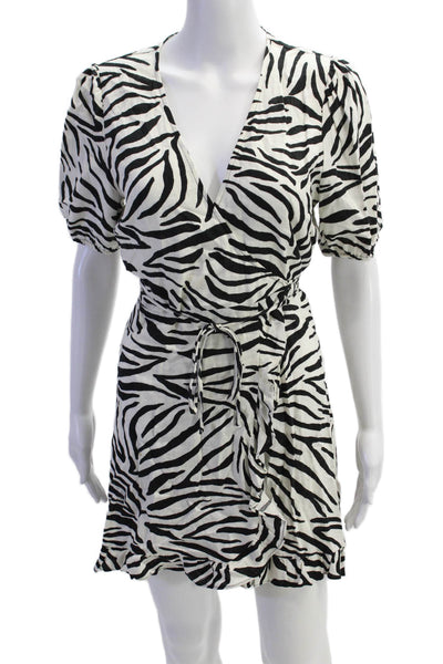 Zara Womens Linen Animal Print V-Neck Tie Waist Wrap Dress Black White Size S
