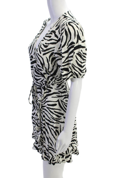 Zara Womens Linen Animal Print V-Neck Tie Waist Wrap Dress Black White Size S