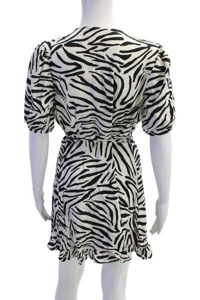 Zara Womens Linen Animal Print V-Neck Tie Waist Wrap Dress Black White Size S