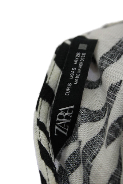Zara Womens Linen Animal Print V-Neck Tie Waist Wrap Dress Black White Size S