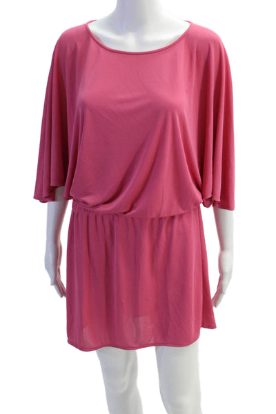 Tibi Womens Round Neck Short Sleeve Elastic Waist Mini Dress Hot Pink Size S