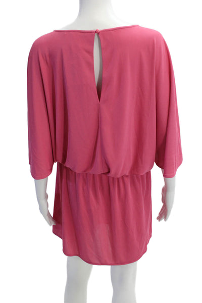 Tibi Womens Round Neck Short Sleeve Elastic Waist Mini Dress Hot Pink Size S
