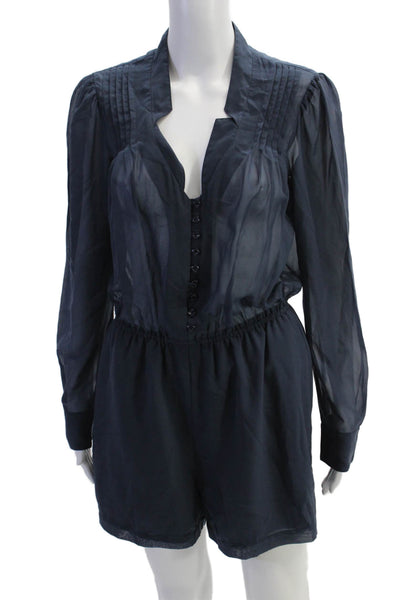 BCBGeneration Womens Sheer Long Sleeve Button Up V-Neck Romper Blue Size M