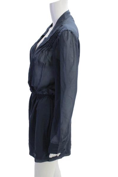 BCBGeneration Womens Sheer Long Sleeve Button Up V-Neck Romper Blue Size M