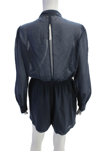 BCBGeneration Womens Sheer Long Sleeve Button Up V-Neck Romper Blue Size M
