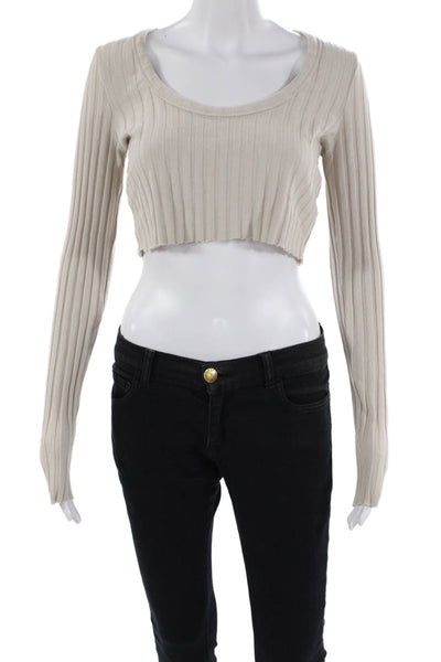 Cotton Citizen Womens Long Sleeve Scoop Neck Ribbed Cropped Shirt Beige Large