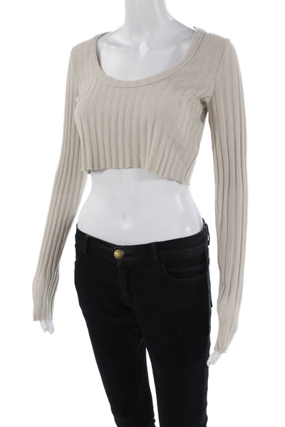 Cotton Citizen Womens Long Sleeve Scoop Neck Ribbed Cropped Shirt Beige Large