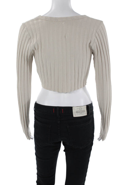 Cotton Citizen Womens Long Sleeve Scoop Neck Ribbed Cropped Shirt Beige Large