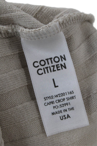 Cotton Citizen Womens Long Sleeve Scoop Neck Ribbed Cropped Shirt Beige Large