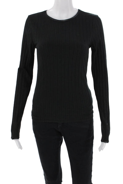 J Crew Womens Long Sleeve Crew Neck Ribbed Knit Tee Shirt Black Size Medium
