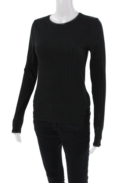 J Crew Womens Long Sleeve Crew Neck Ribbed Knit Tee Shirt Black Size Medium