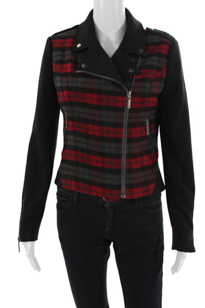 Patrizia Luca Womens Zippered Pocket Detail Plaid Panel Jacket Black Size S